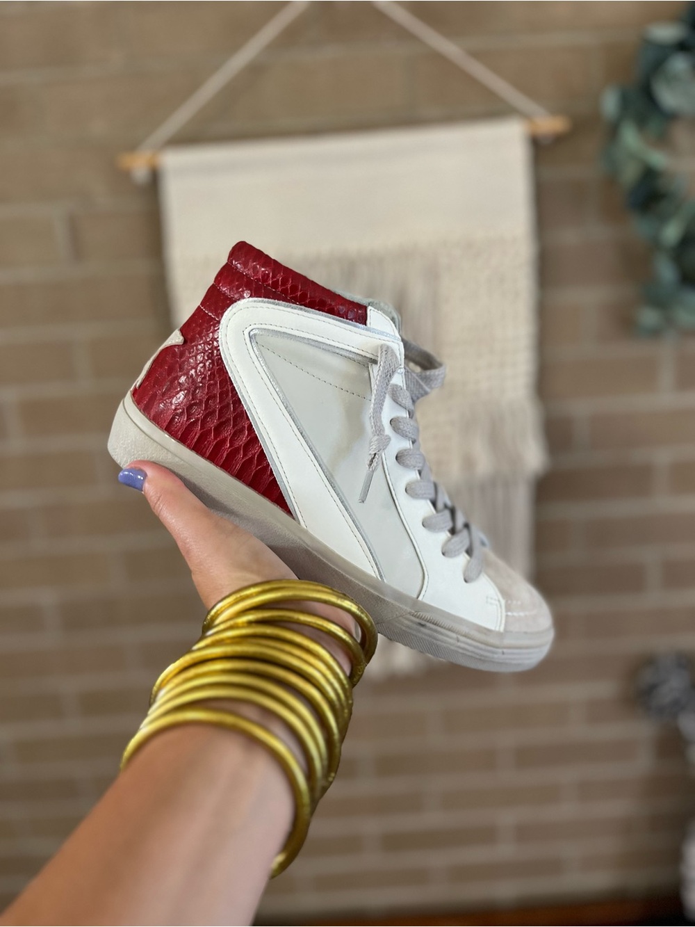 ShuShop White and Red High-Top Women's Sneaker with Textured Heel